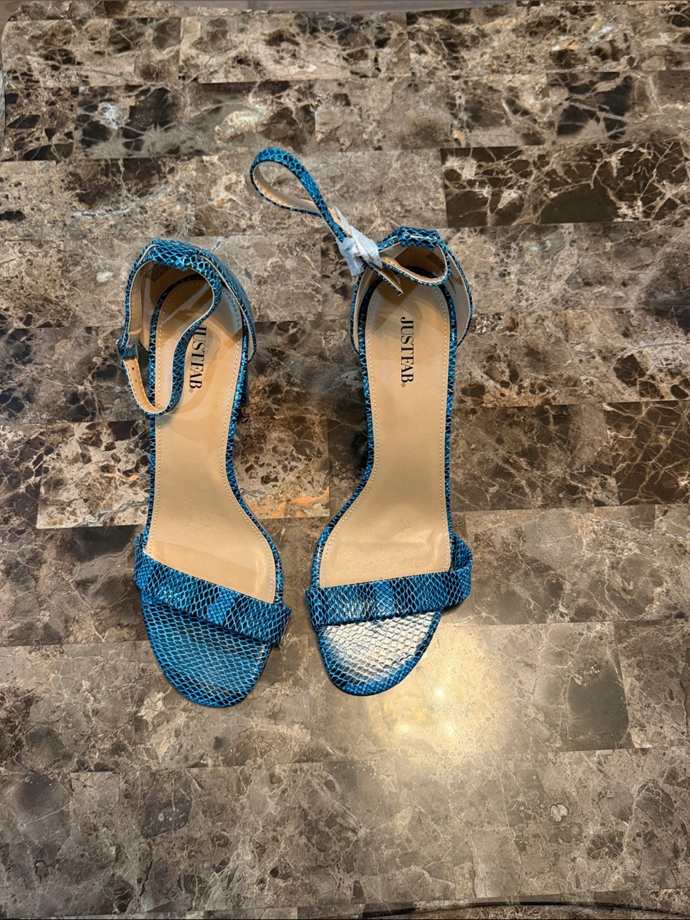 JustFab Teal-Blue Snake-Print Ankle Strap Heels